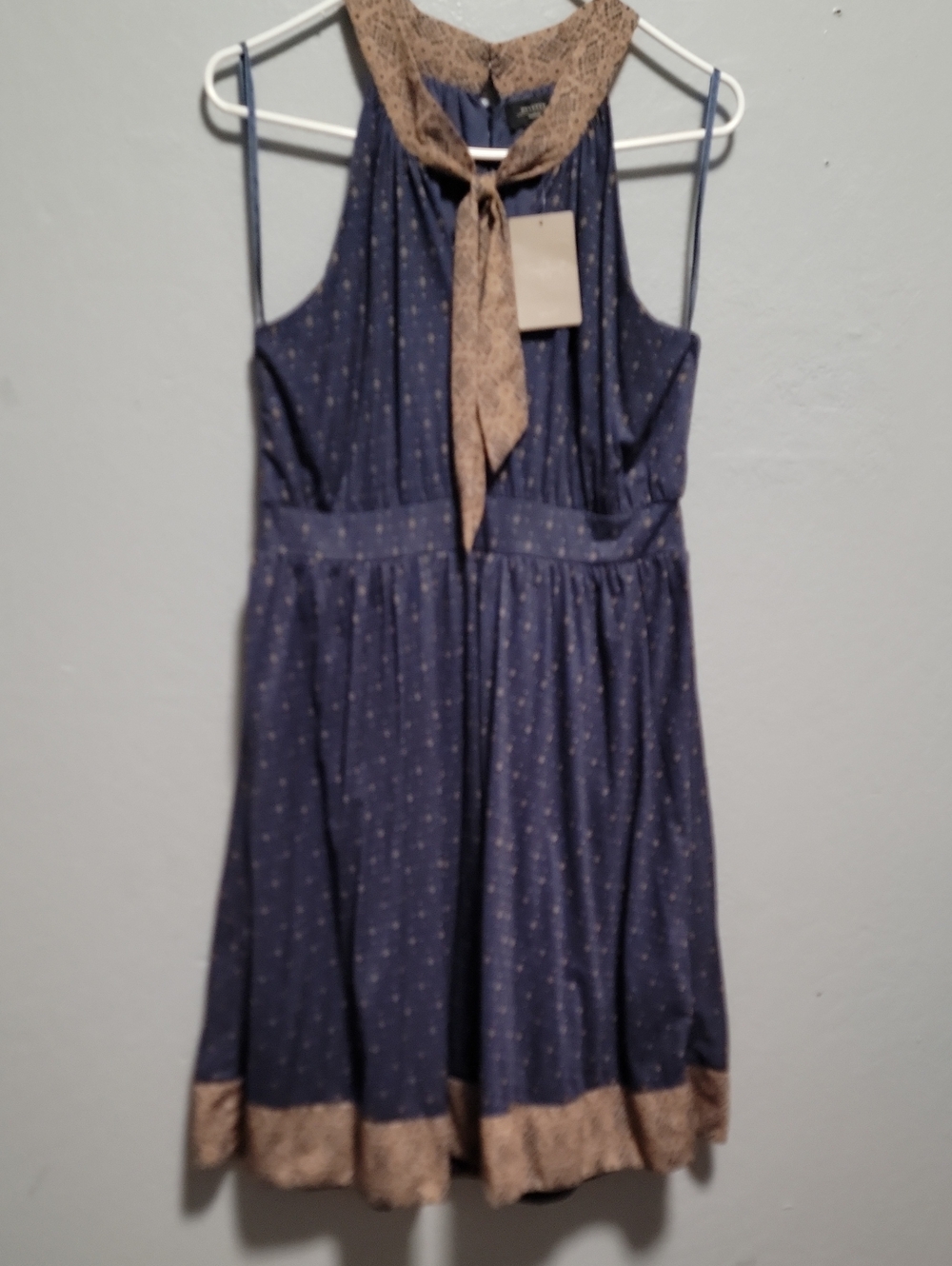 Anthropologie Navy Dress with Tan Tie and Trim